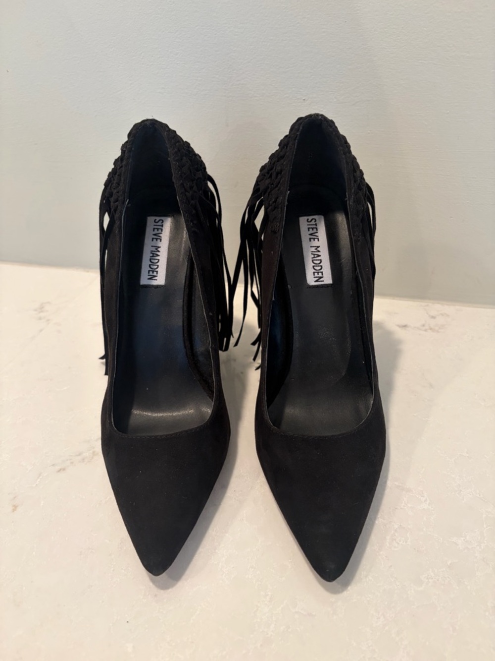 Steve Madden Black Suede Pointed Toe Festival Western Boho Fringe Pumps Size 9